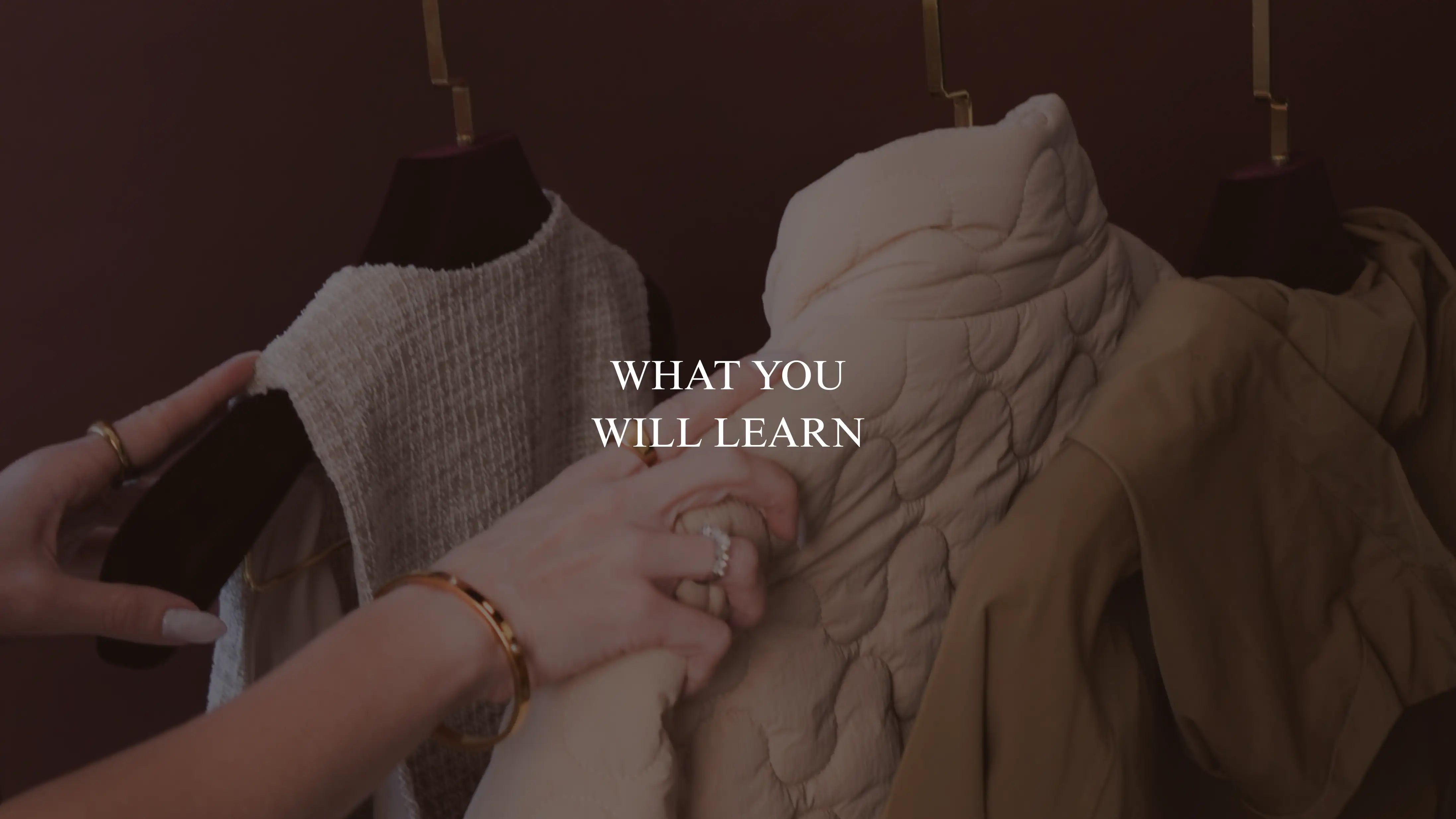 Banner reading 'What You Will Learn' over hands touching knit and quilted garments on a rail, part of Bianca Da Silva's retail buying programme content