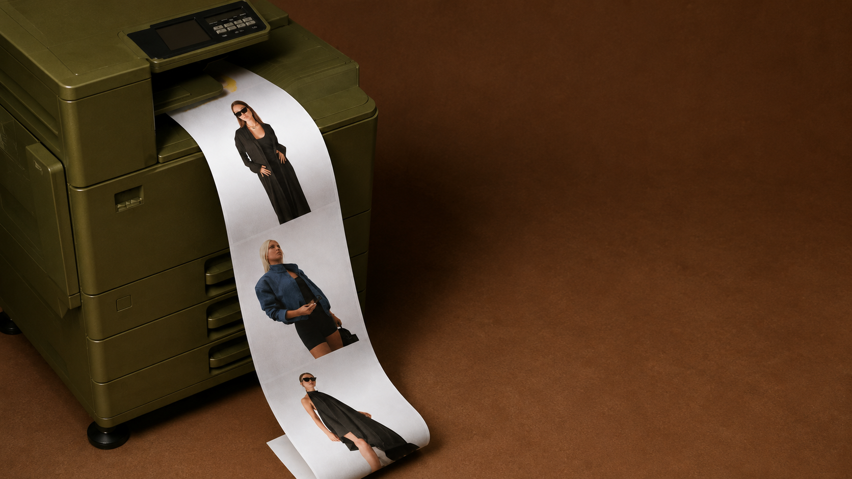 Printer output tray with a strip of lookbook photos, background graphic for Bianca Da Silva's retail buying programme banners