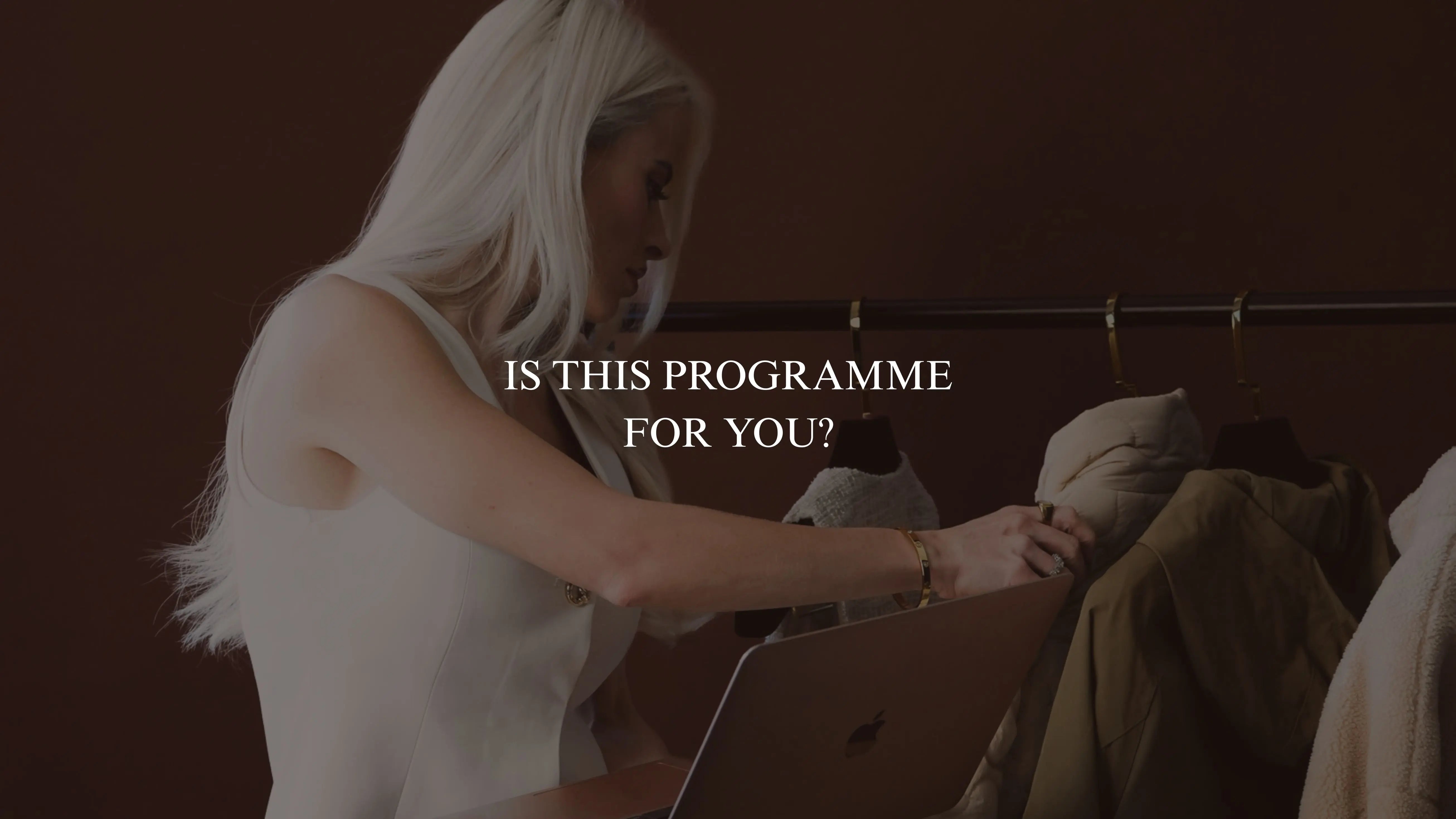 Banner reading 'Is This Programme For You?' over a woman reviewing garments on a rail, promoting Bianca Da Silva's retail buying and product development programme