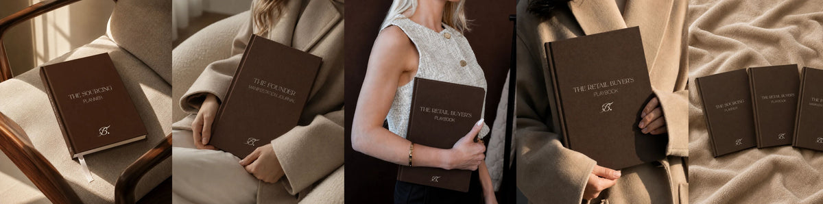 Four-panel collage of Bianca Da Silva's branded resource journals in brown leather with gold foil lettering, including The Sourcing Planner, The Founder Manifestation Journal and The Retail Buyer's Playbook