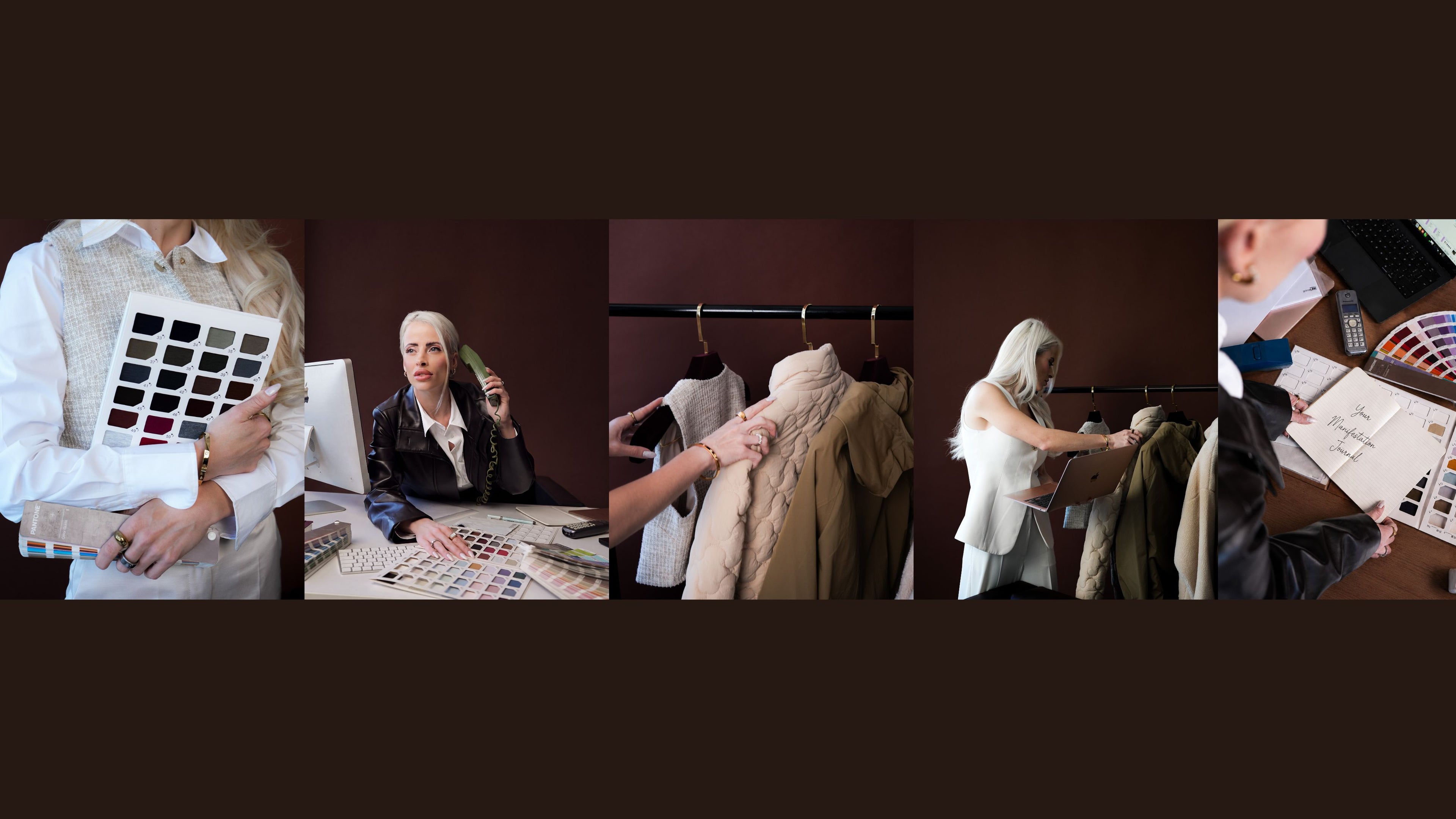 Five-panel collage of the retail buying and sourcing process behind Bianca Da Silva's work: colour swatch cards, phone calls with suppliers, reviewing a clothing rail, styling garments and checking a fashion sketchbook